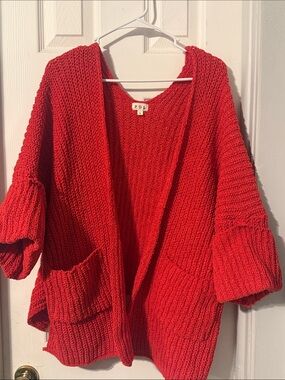 POL Red Chunky Open-Front Knit Cardigan